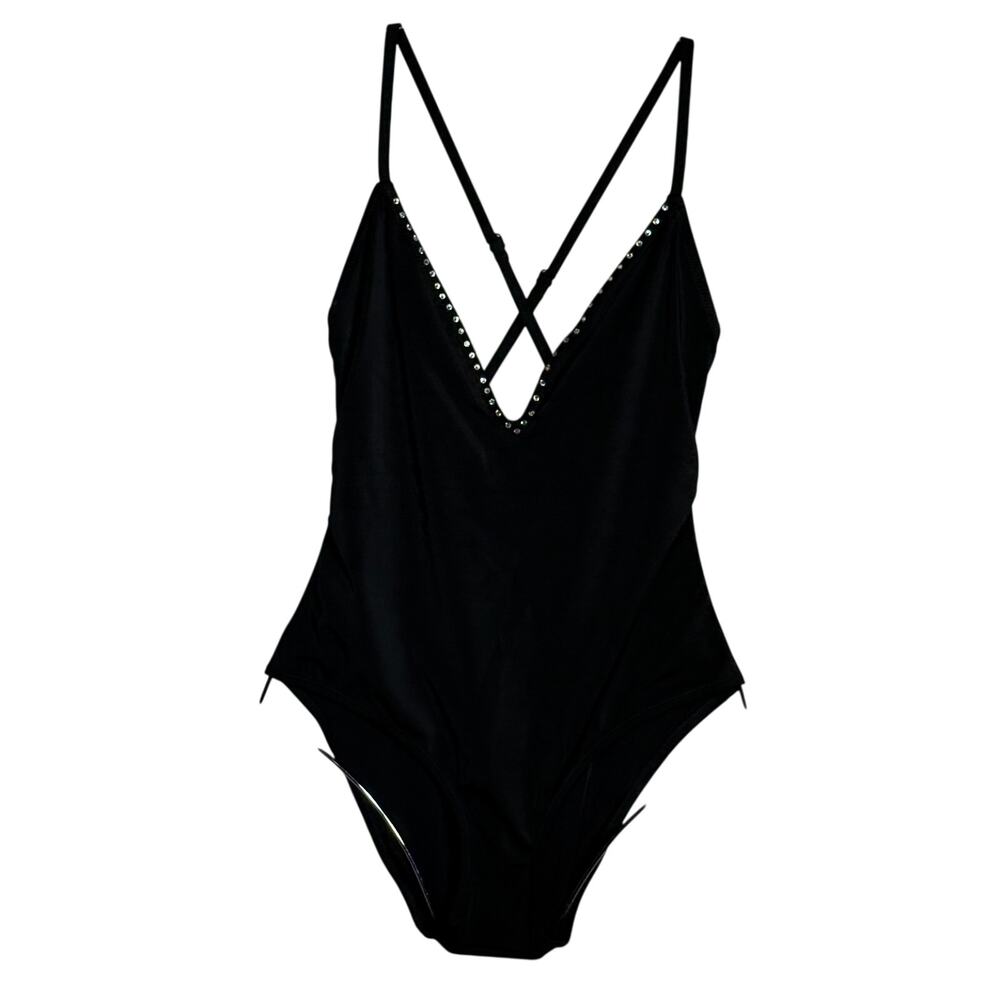 Aqua Rhinestone Trim One Piece Swimsuit Black Small